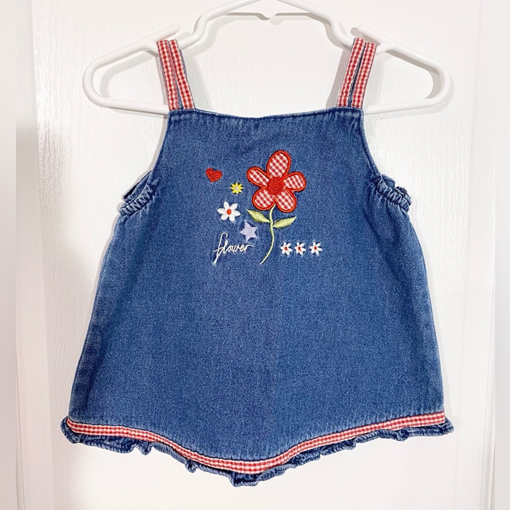 VTG Little Lindsey Floral Embroidered Red Gingham Ruffle Denim Jumper Dress 24M